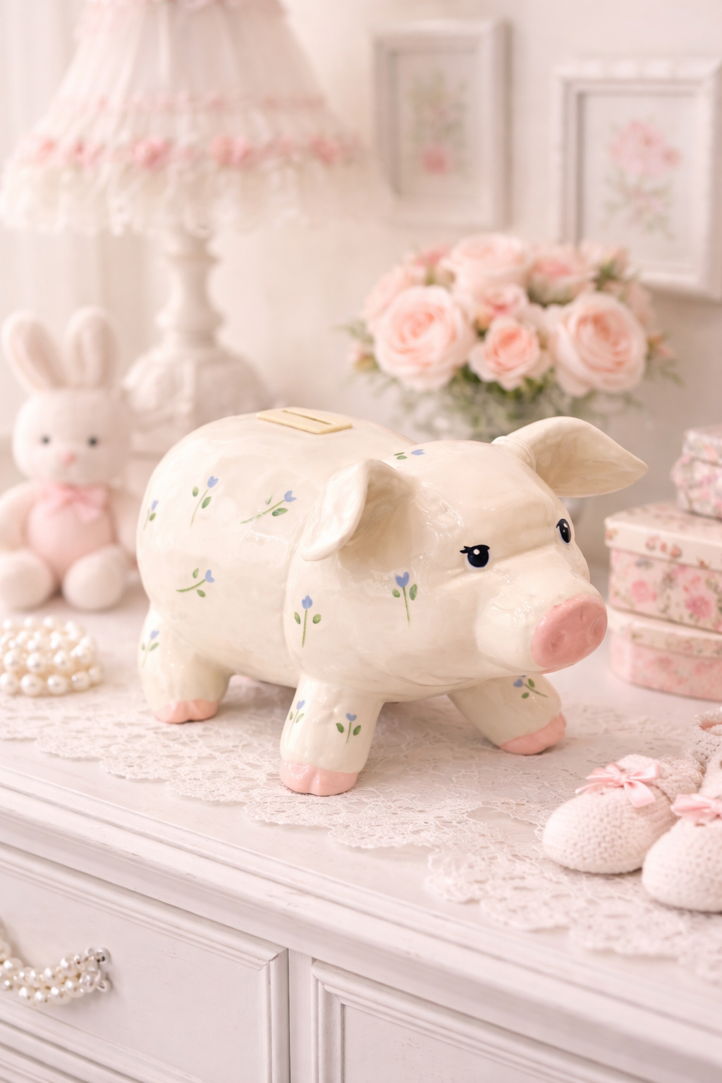 Bluebell Cottage Piggy Bank | Vintage Hand-Painted Pig
