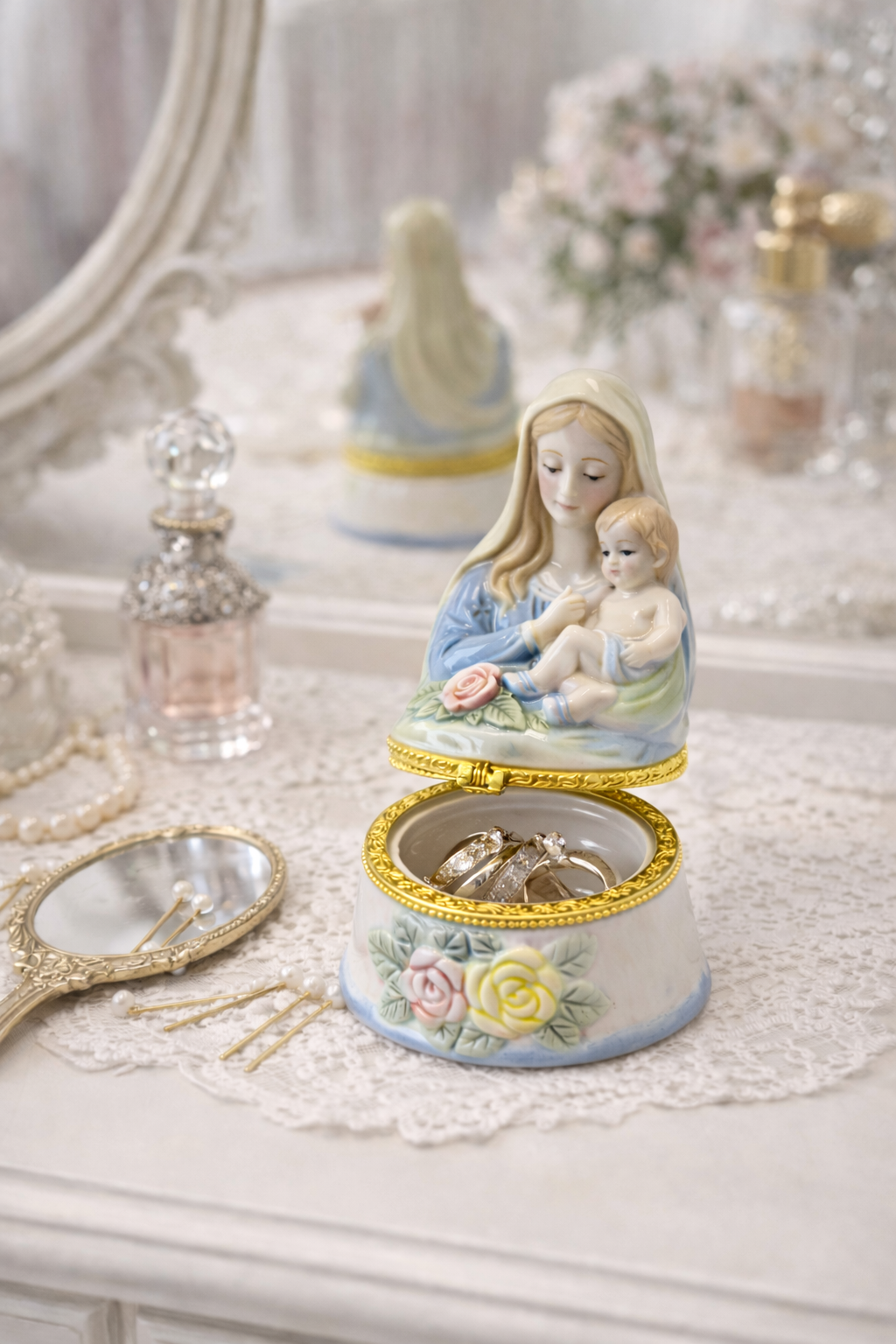 Heavenly Madonna Jewelry Trinket Box | Porcelain Virgin Mary Keepsake Ring Box, Religious Gift