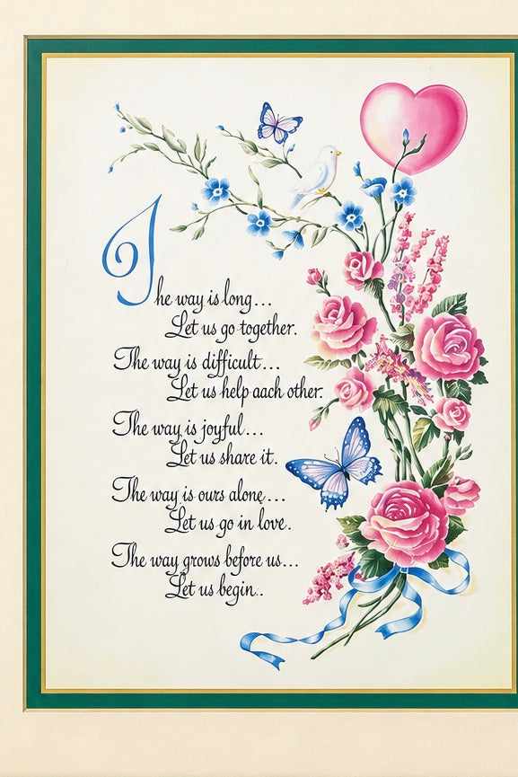 Vintage 1980s–1990s “The Way Is Long” Framed Floral Wall Art | Inspirational Love Print