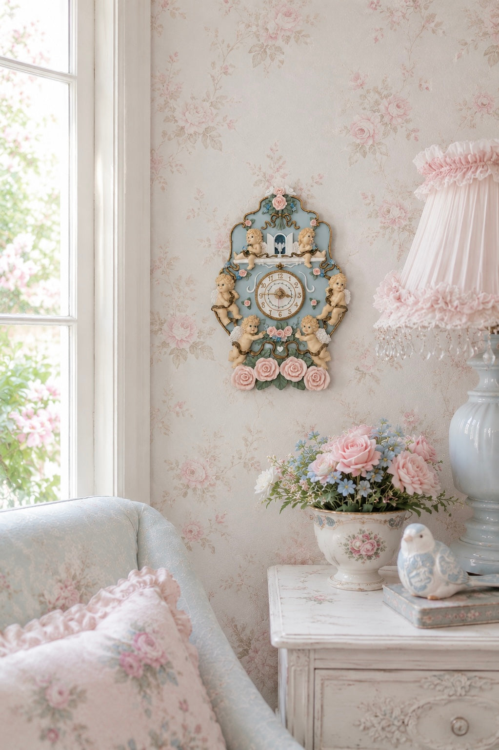 1990s Rococo Cherub & Rose Wall Clock | 3D Angel Decorative Wall Hanging | Shabby Chic Cottagecore Décor