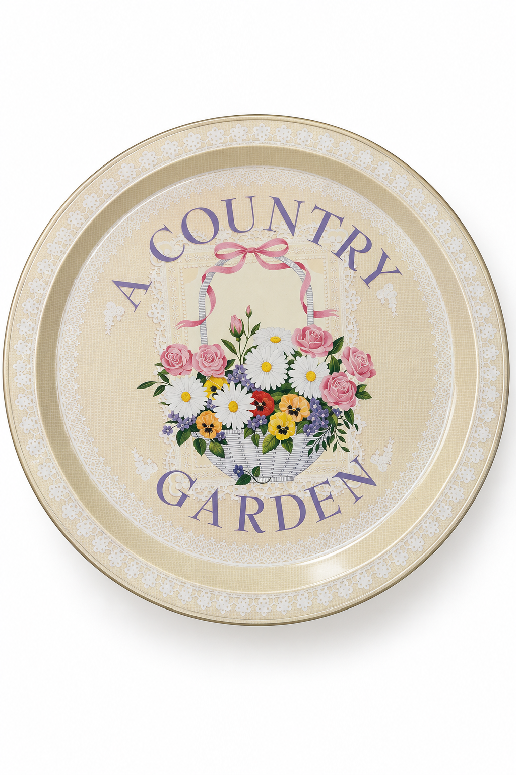 Vintage 1980s “A Country Garden” Floral Metal Tray Cottagecore Decorative Tin Platter