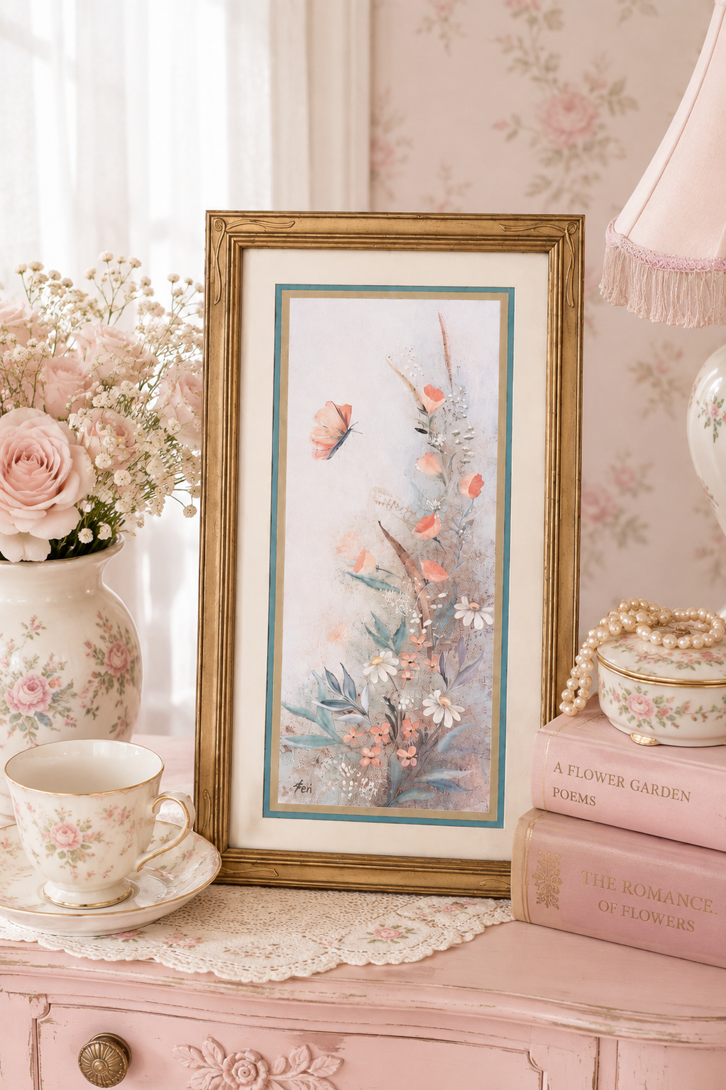 Vintage 1980s Teri Floral Art Print – Peach Wildflowers & Butterfly Ornate Gold Framed Cottagecore Wall Art