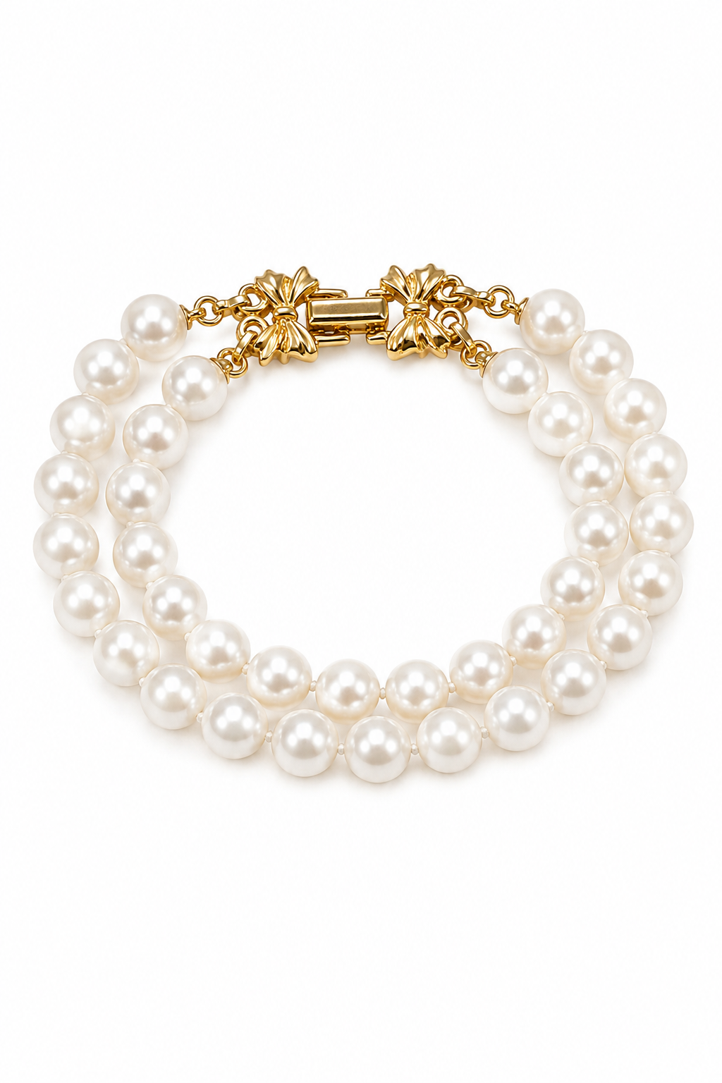 Vintage 1990s Avon “Pearlesque Beauty Collection” Double-Strand Faux Pearl Bracelet – Gold Bow Box Clasp – 9”