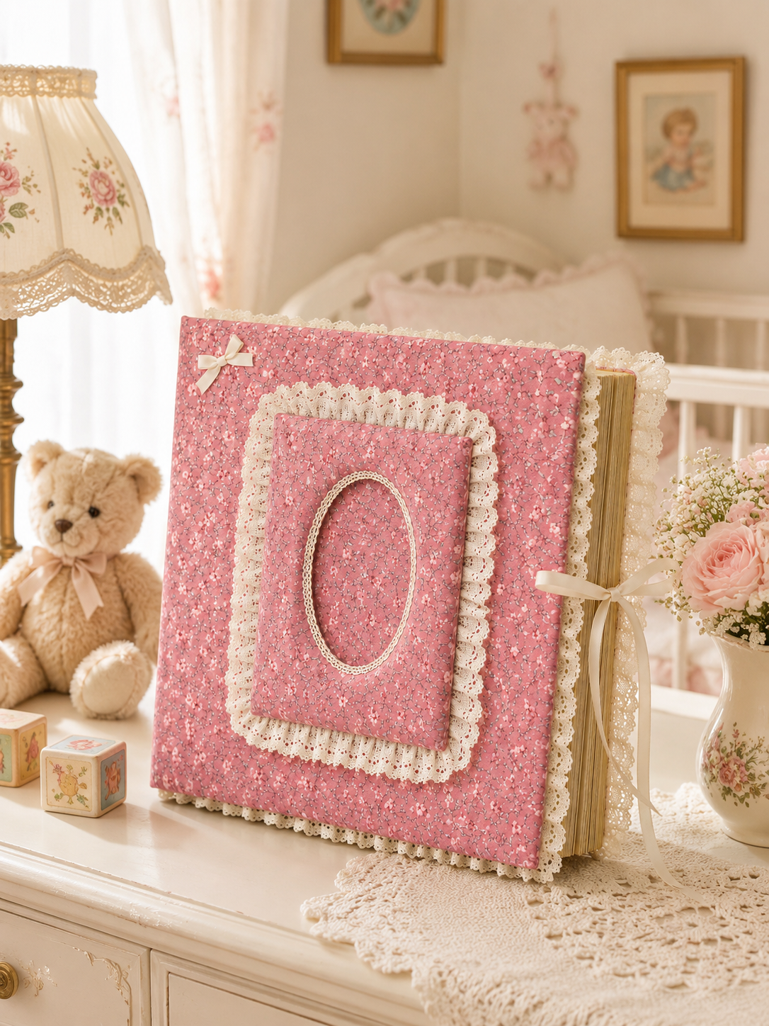 Handmade Vintage Pink Floral Lace Photo Album | Romantic Scrapbook Memory Book | Ribbon Tie Binder
