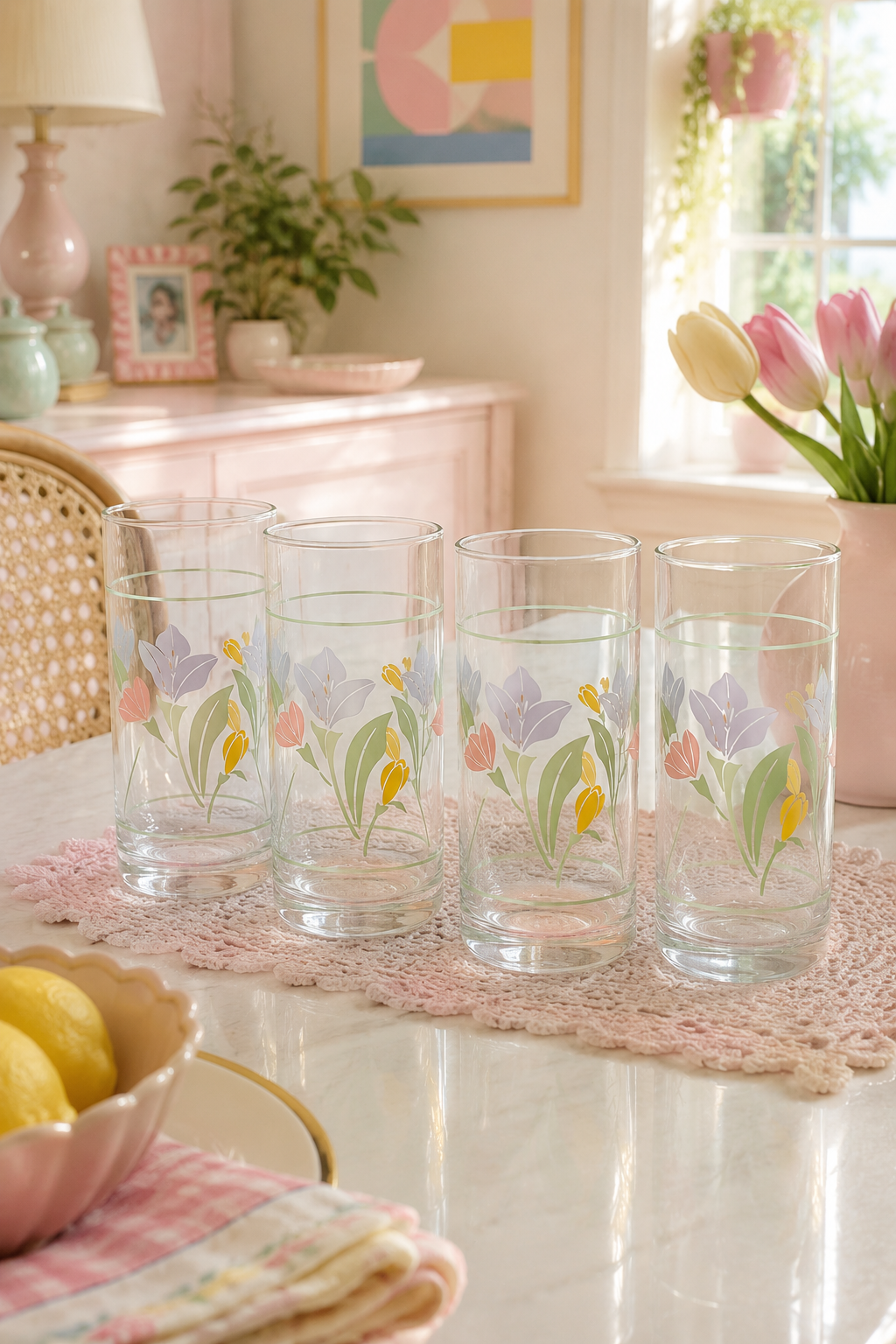 Vintage Corelle Floral Highball Glasses – Set of 4 | Pastel Botanical Tumblers | Cottagecore Drinking Glasses