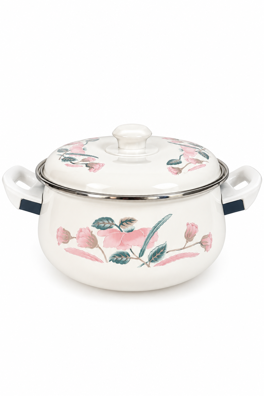 Vintage 1980s White Enamel Cookware Pot with Lid – Pink Tulip Floral Taiwan ROC