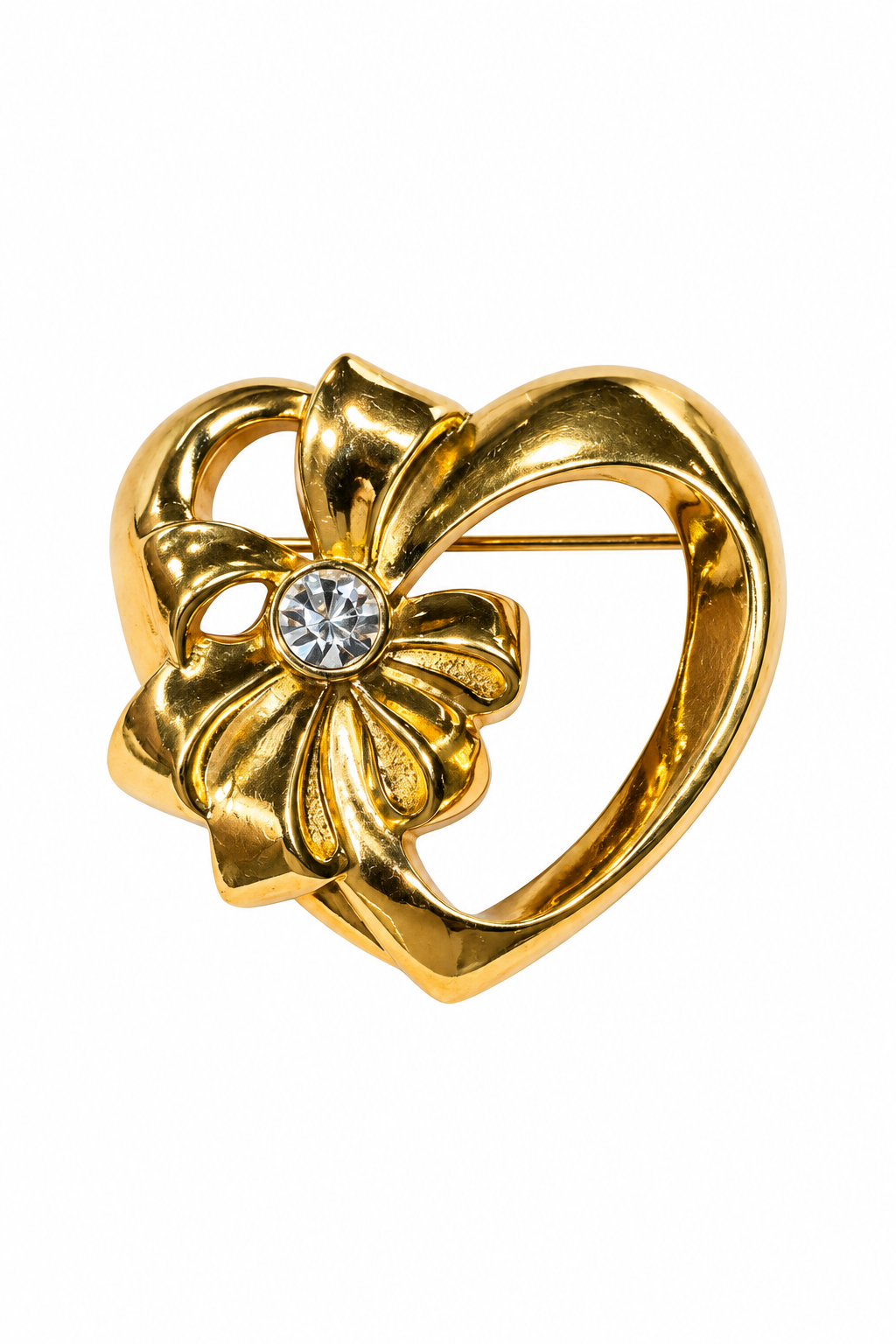 Vintage 1992 Avon Gold-Tone Ribbon Heart Rhinestone Brooch Pin