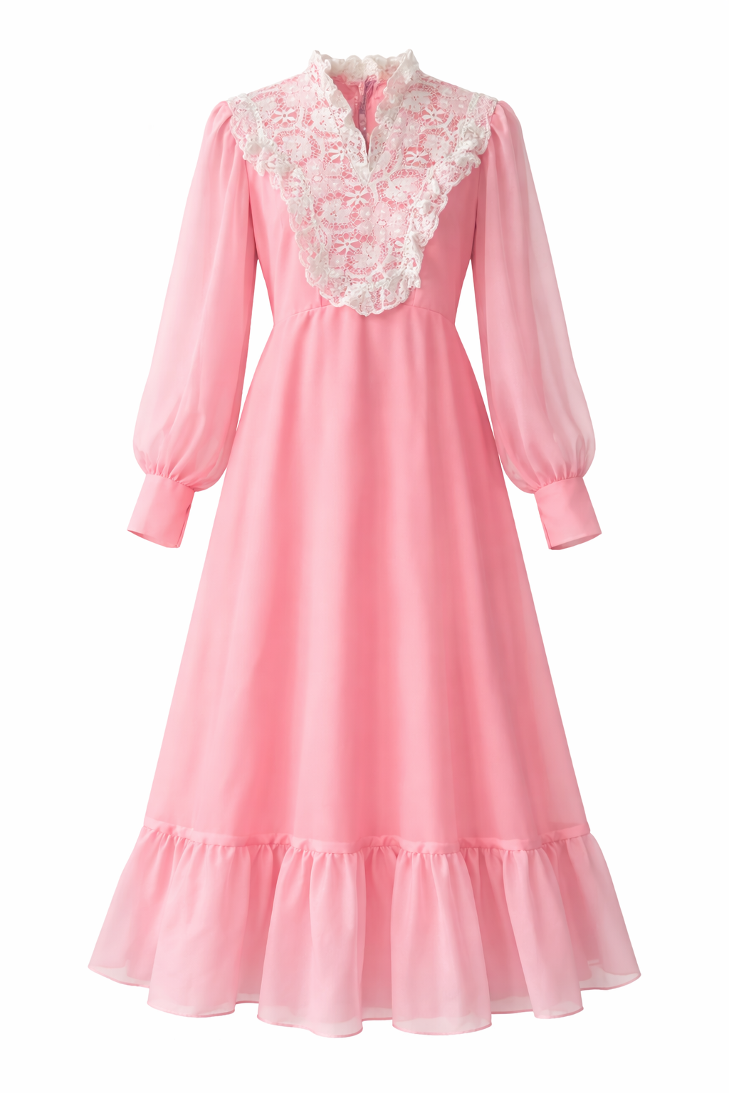 Vintage 1970s Bubblegum Pink Maxi Gown | Lace Detail, Romantic Prairie Style Size XS–S
