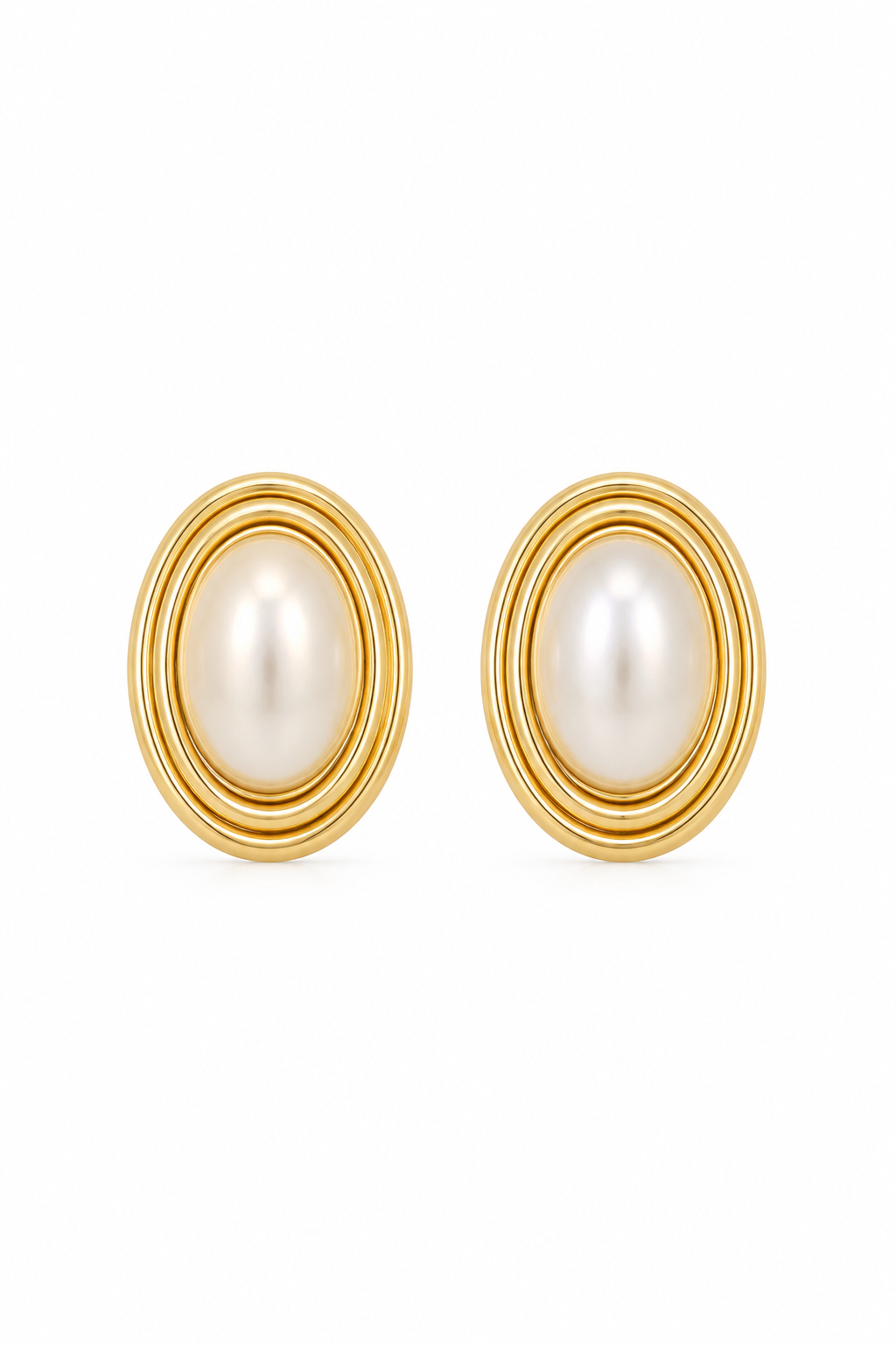Vintage 1980s Napier Gold-Plated Faux Pearl Oval Stud Earrings | Chunky Statement Earrings | 1”