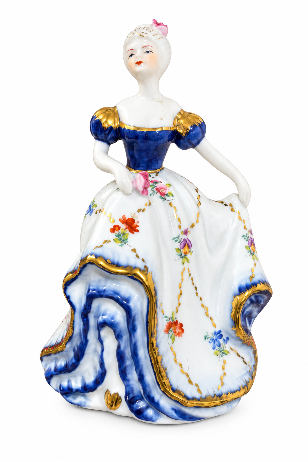 Vintage 1980s Victorian Lady Porcelain Figurine in Blue & White Floral Dress with Gold Trim – 8”