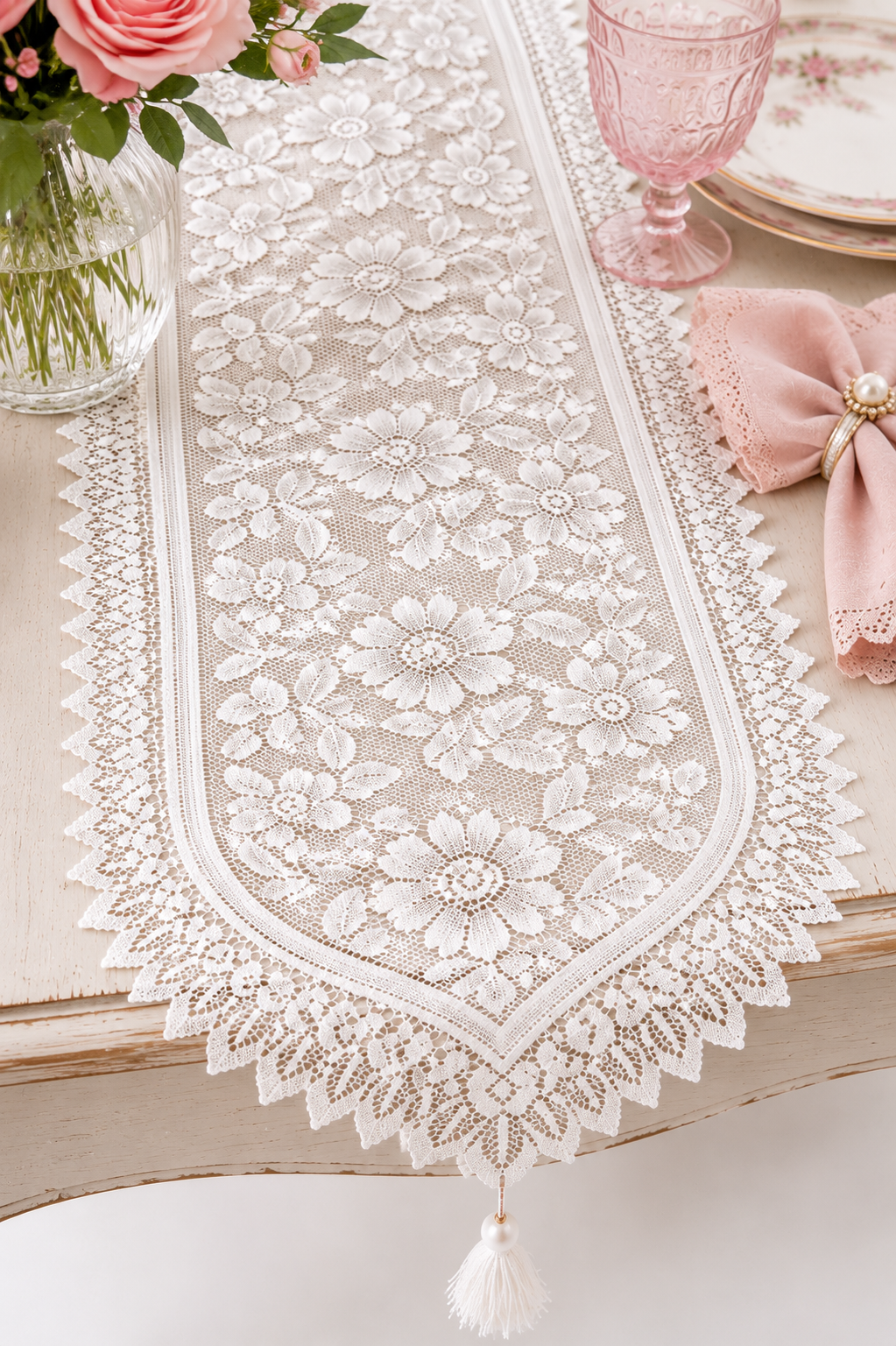 Vintage White Floral Lace Table Runner with Tassels | Romantic Cottagecore & Décor | 73” Long