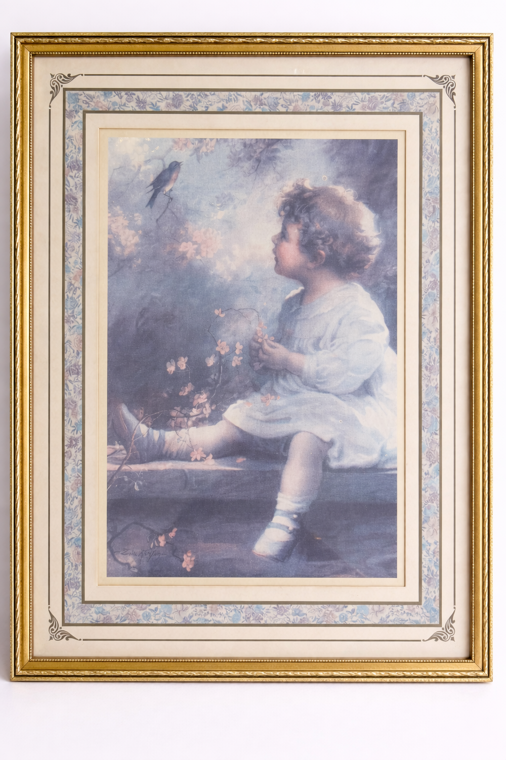 Vintage “Song of the Bluebird” Framed Art Print (1980s) | Home Interiors, Cottagecore Child Portrait, Gold Frame
