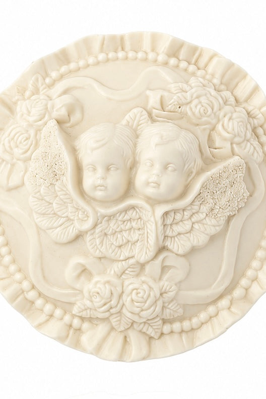 Vintage Ivory Bisque Porcelain Cherub Angel Trinket Box with Roses Lidded Jewelry Box