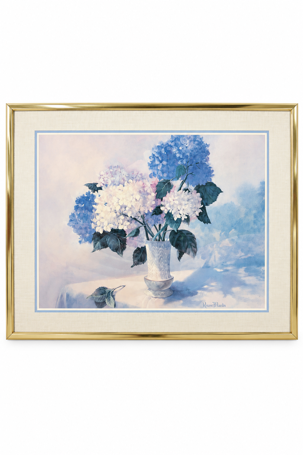 Vintage 1980s Blue & White Hydrangea Floral Framed Wall Art – Gold-Tone Frame