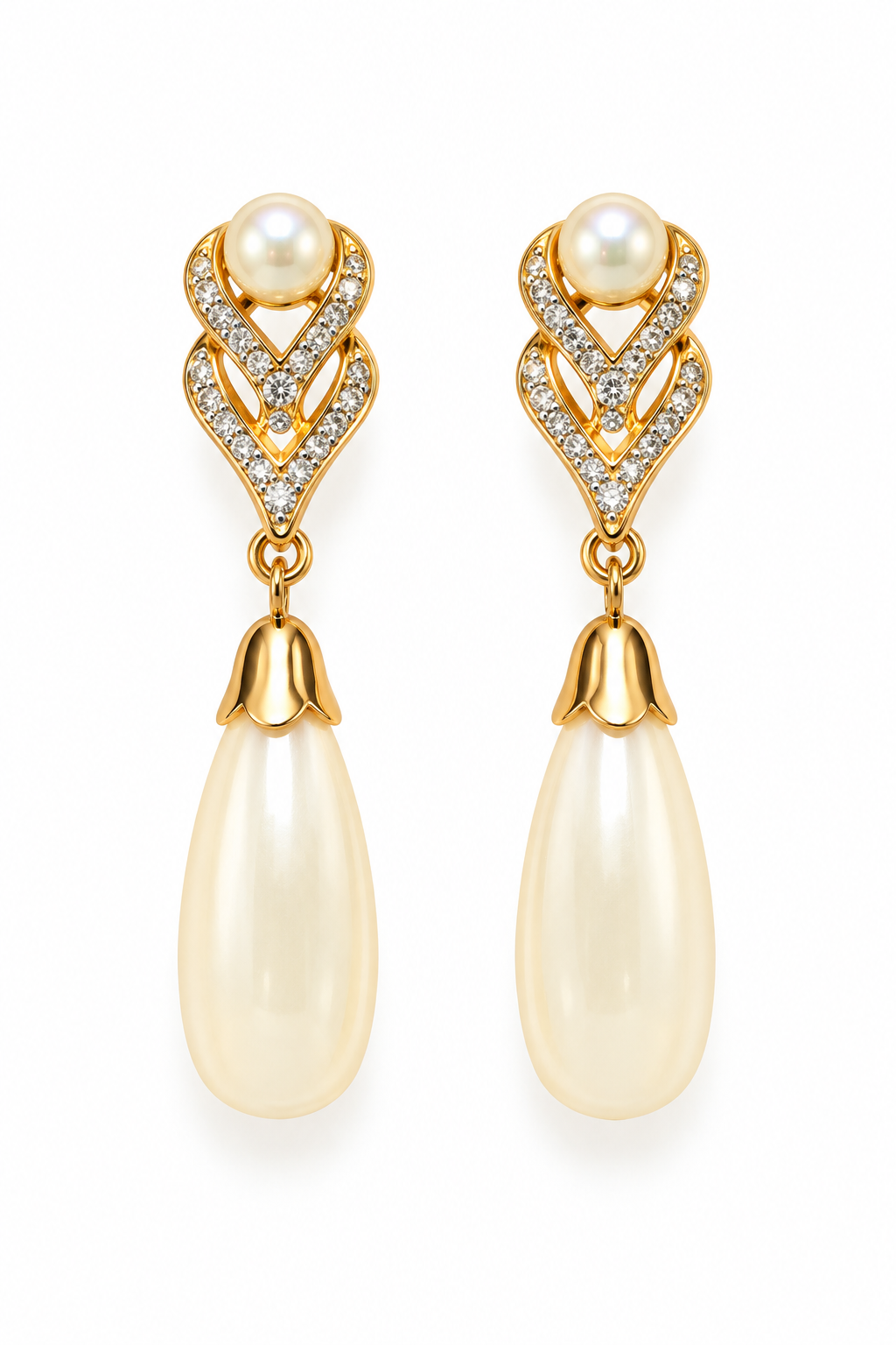 Vintage 1980s Glam Faux Pearl Rhinestone Teardrop Dangle Stud Earrings