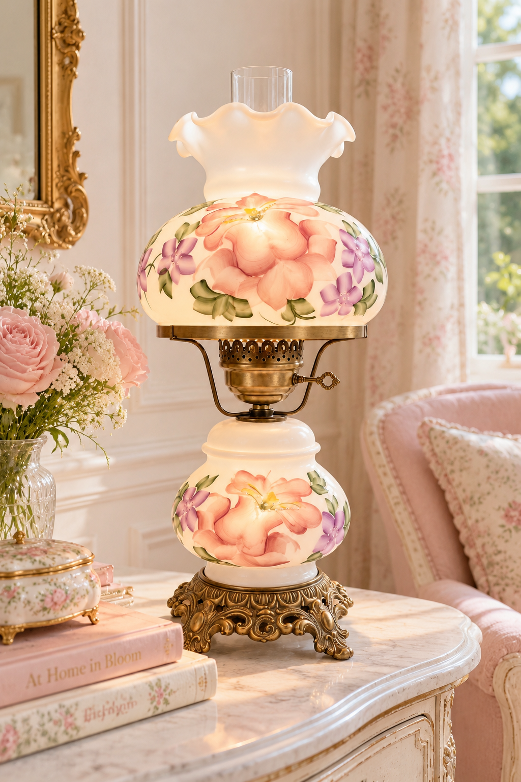 Vintage Gone With the Wind Floral Hurricane Parlor Lamp | Double Globe Pink Rose Table Lamp