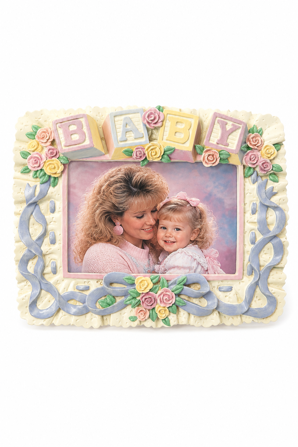 1991 Russ Baby Picture Frame with Pastel Blocks & Roses | Vintage Nursery Décor