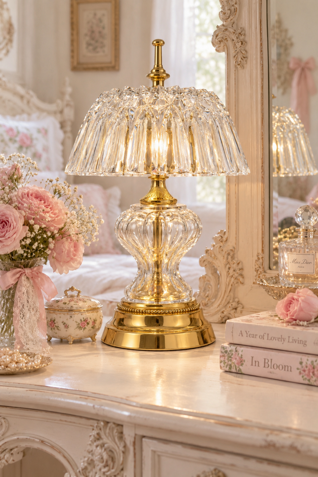 Vintage Crystal & Gold Table Lamp | Elegant Hollywood Regency Accent Lamp