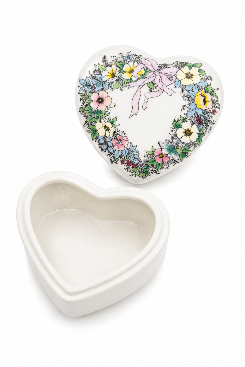 1980s Floral Heart Trinket Box | Vintage Porcelain Jewelry Keepsake Box