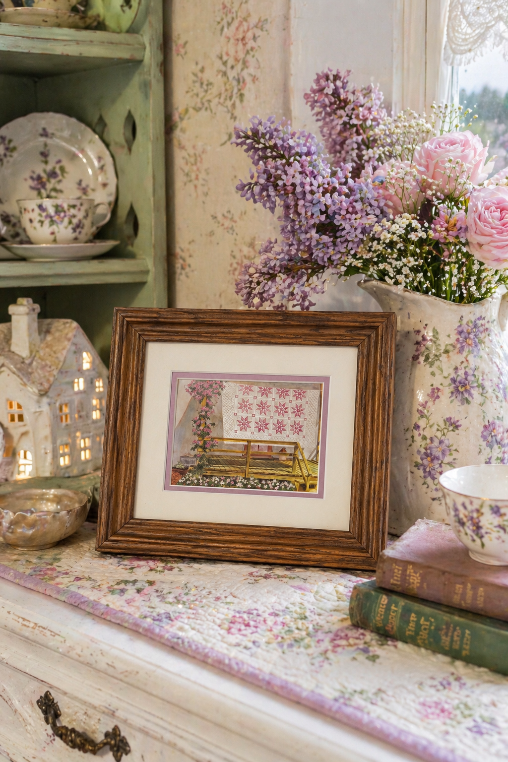Vintage Framed Cottage Garden Print | Quilt Wall Art Rustic Wood Frame 1980s-90s