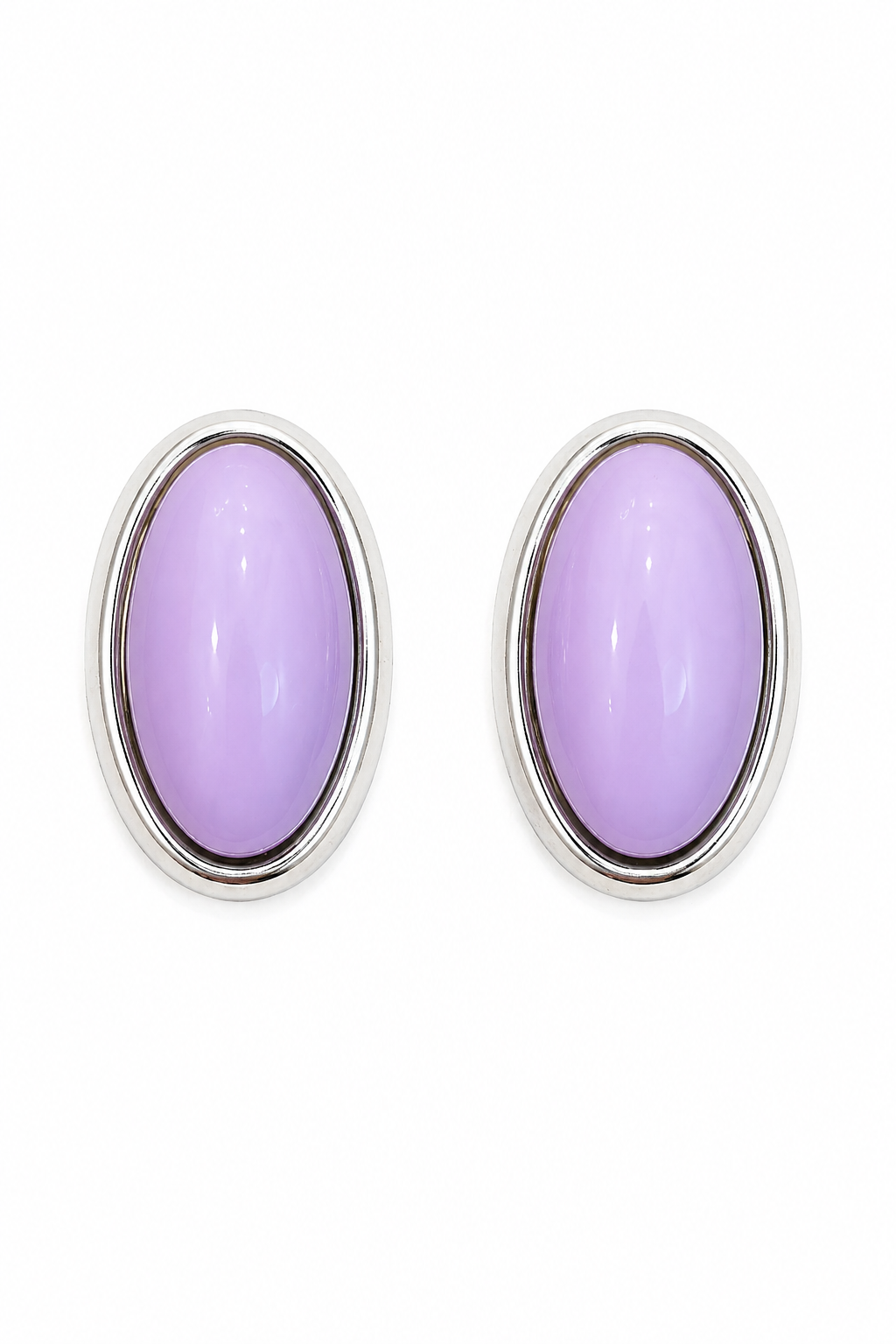 Vintage Pastel Lavender Oval Stud Earrings | Silver Tone Statement Earrings