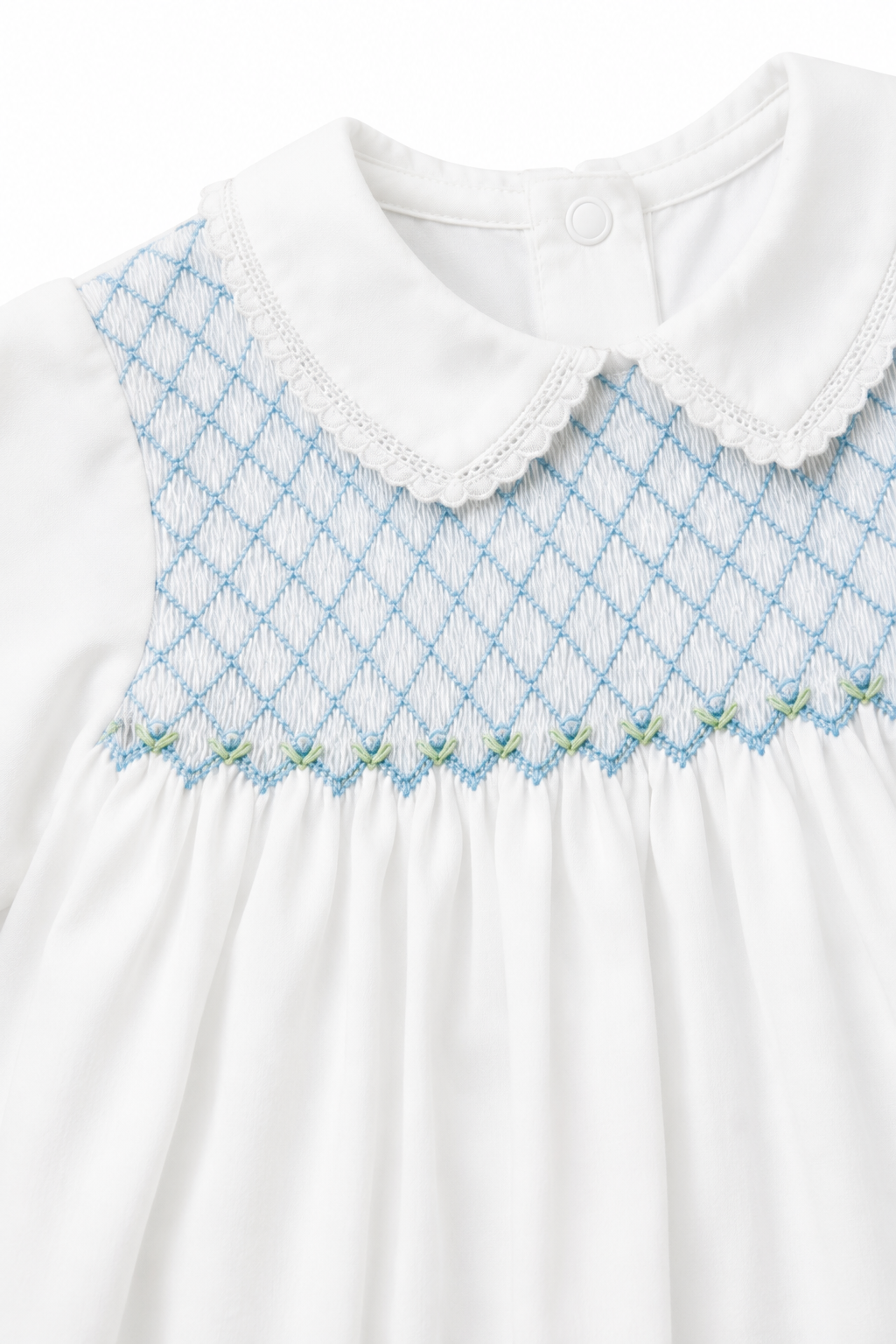 Vintage Feltman Brothers White & Blue Smocked Baby Romper – Peter Pan Collar Tie Back