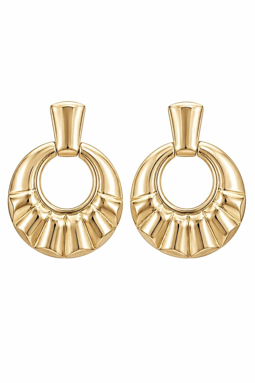 Vintage Gold Tone Sculptural Circle Statement Earrings | Retro Door Knocker Style