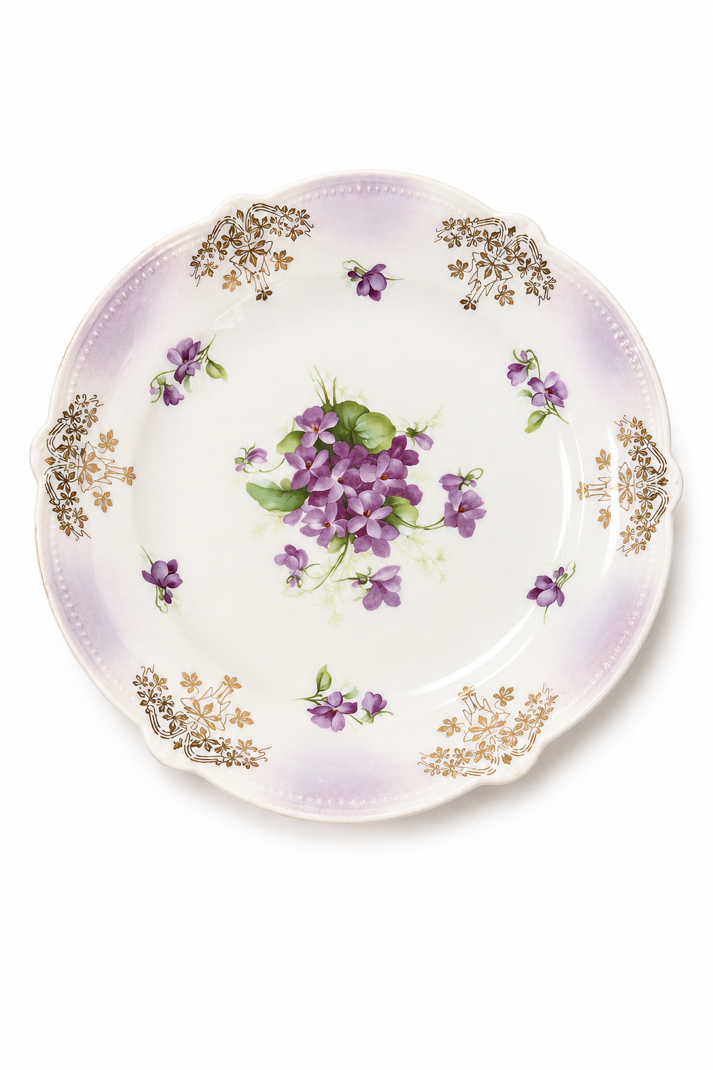 Vintage 1940s–1950s Bavarian Purple Violet Floral Serving Bowl | Gold Detail, 8.5”