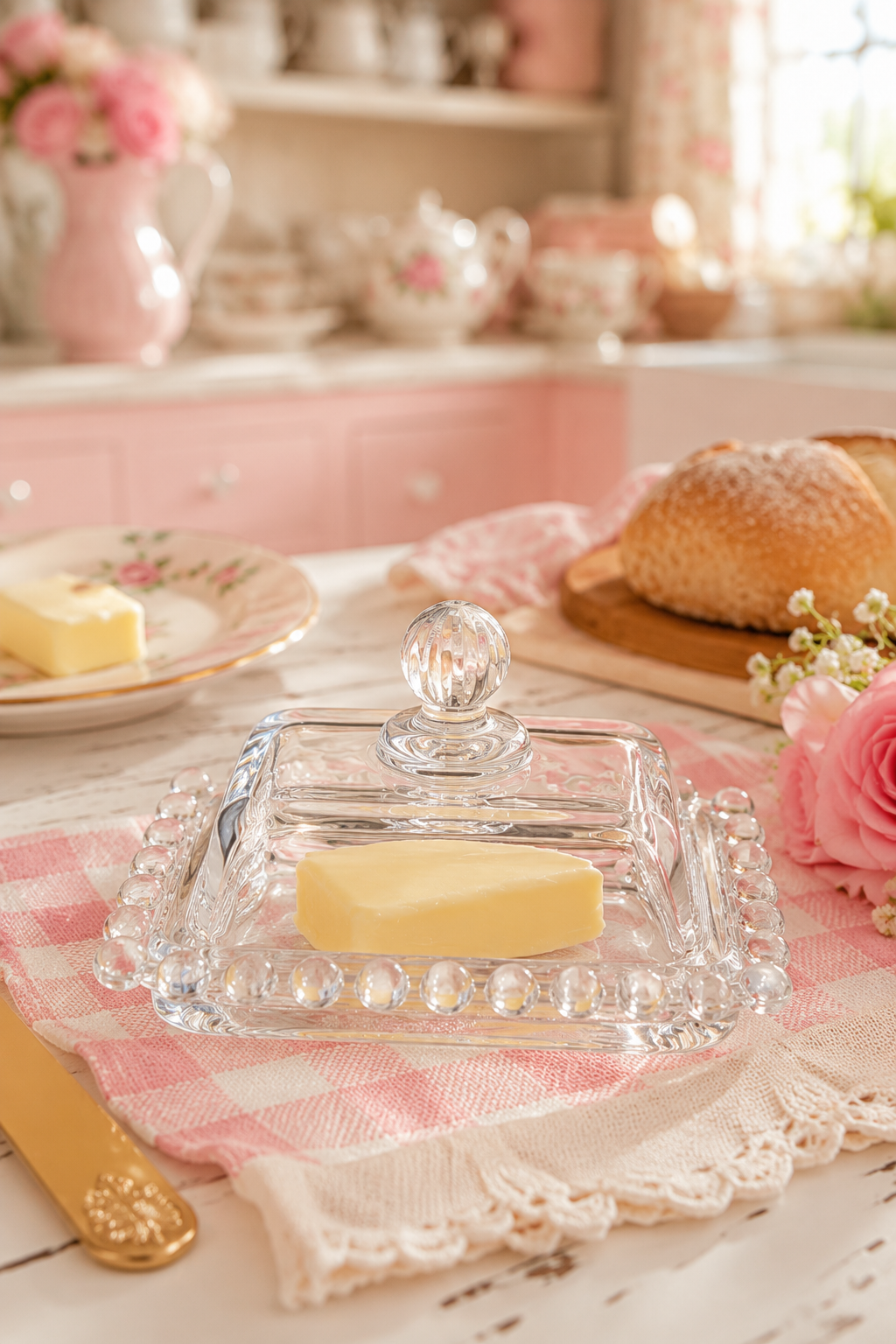 Vintage Crystal Butter Dish with Lid | Petite Covered Butter Keeper | Beaded Glass Butter Dish | Cottagecore Kitchen Décor