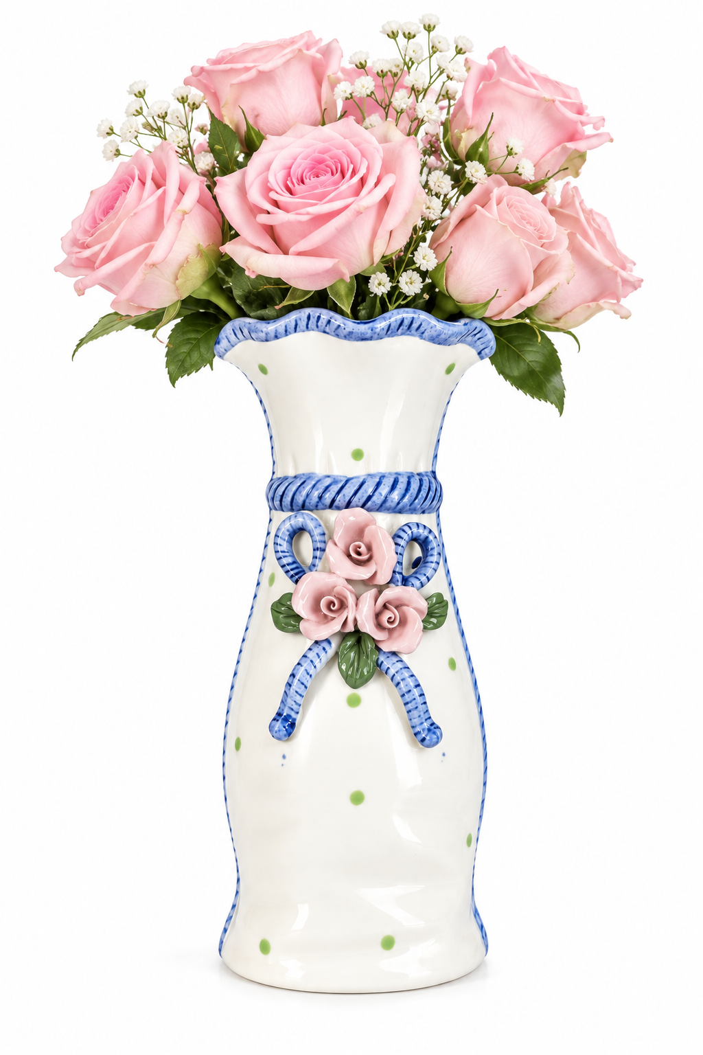 Vintage 1999 IAC Ceramic Vase – Blue Trim & 3D Pink Porcelain Roses