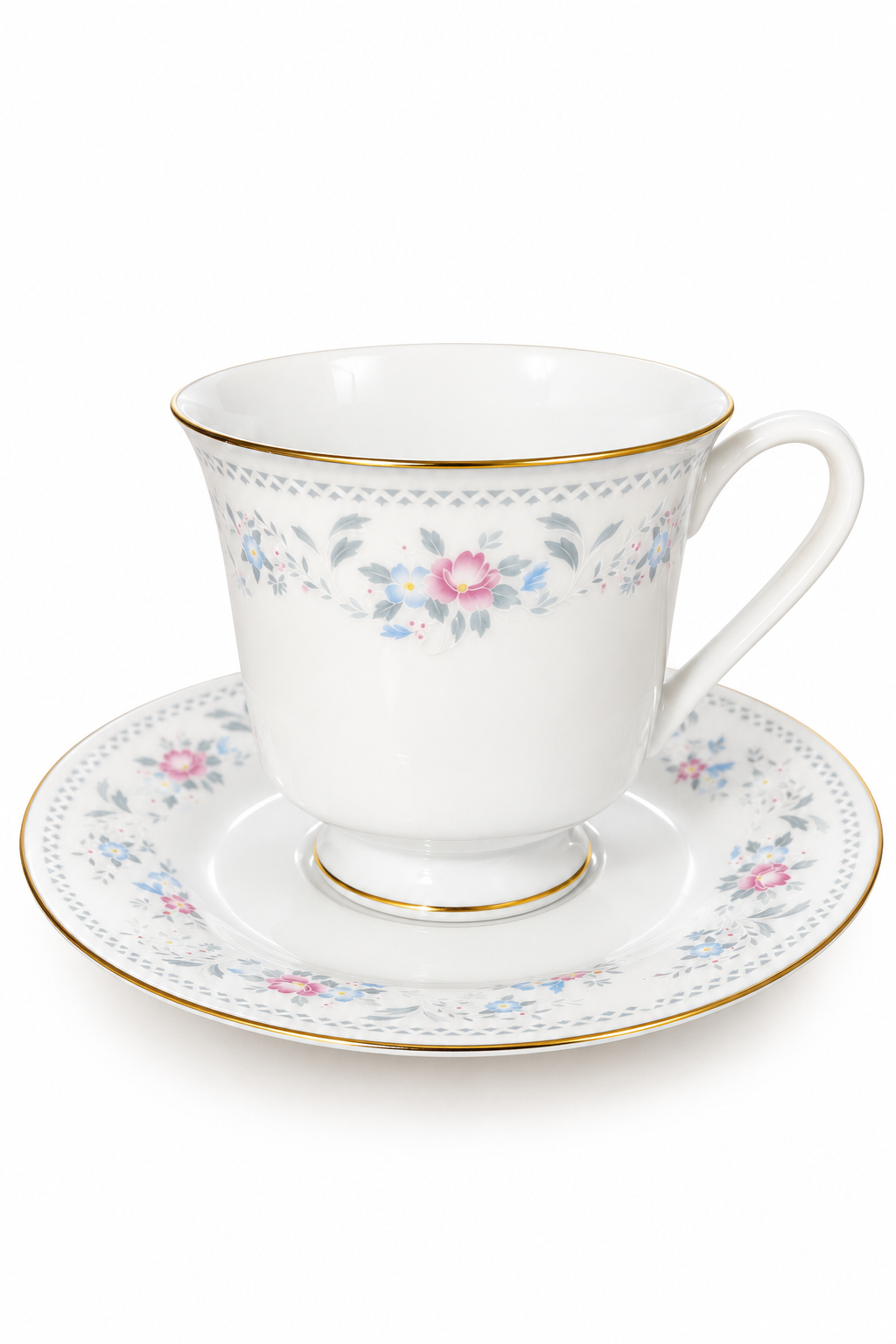 Vintage Floral Teacup & Saucer Set | Pink & Blue Flowers with Gold Trim