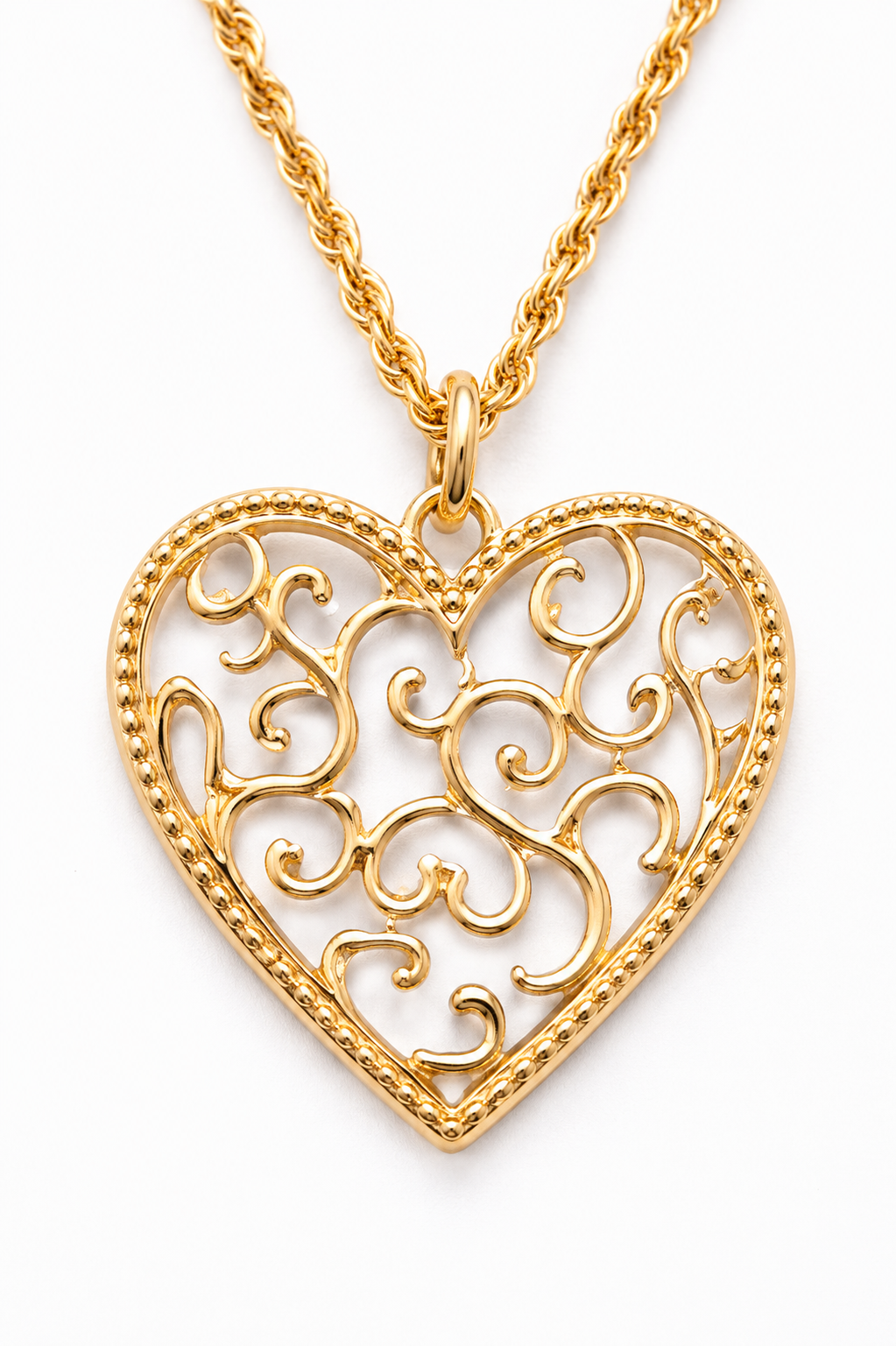 Vintage 1980s Gold Tone Filigree Open Heart Pendant Necklace – Long 36” Chain
