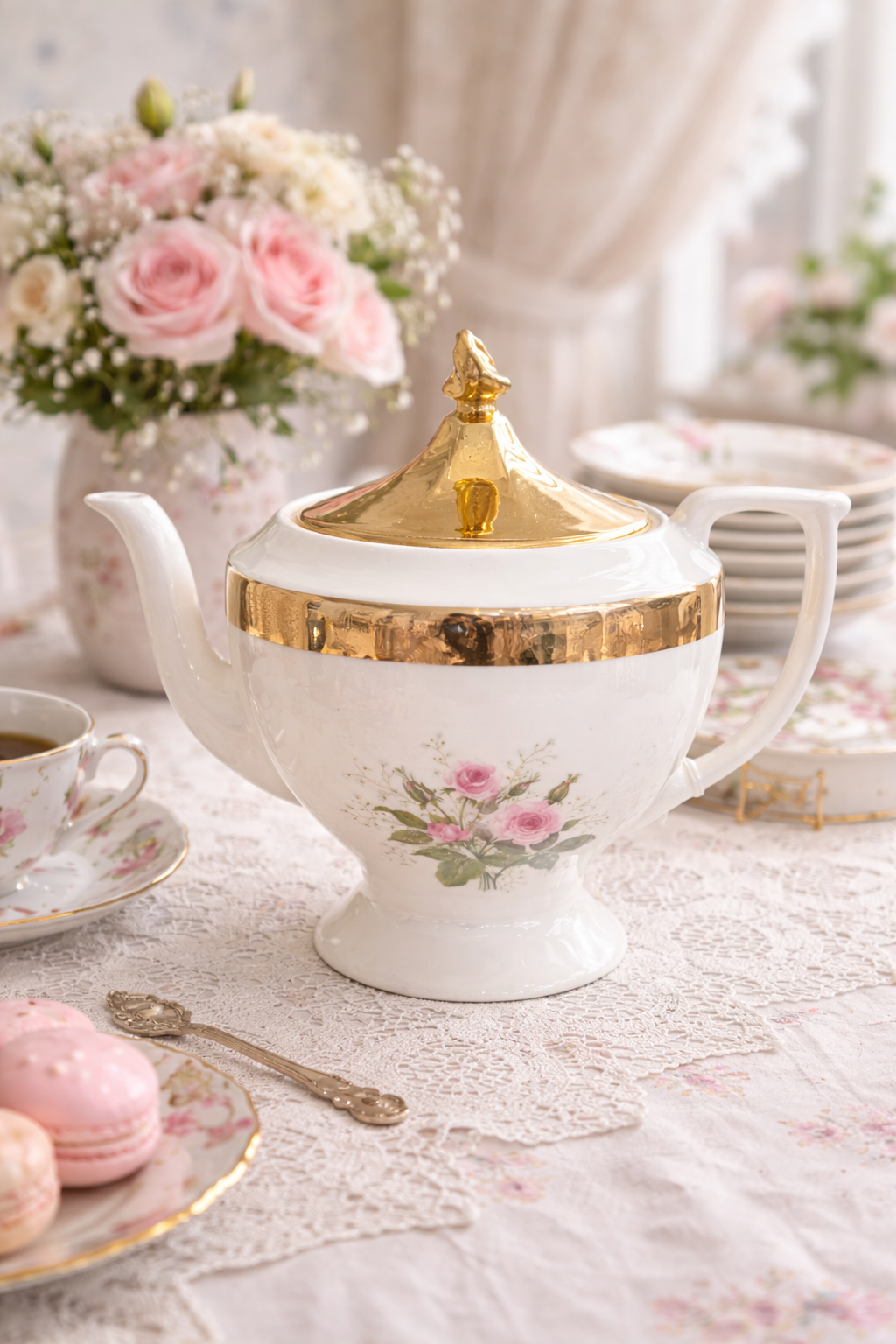 Vintage Porcelain Teapot with Gold Lid | Pink Rose Floral, White & Gold Trim, Elegant European Style Tea Pot