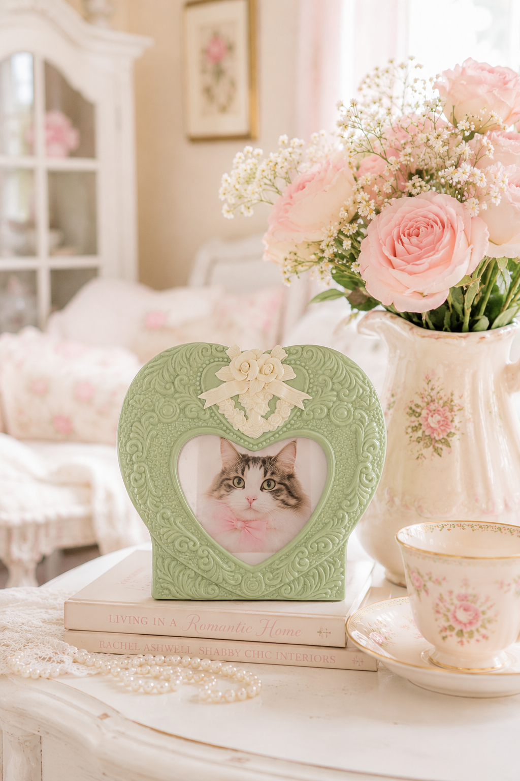 Vintage 1960s Victorian Style Mint Green Heart Picture Frame – Cameo Roses Porcelain Frame