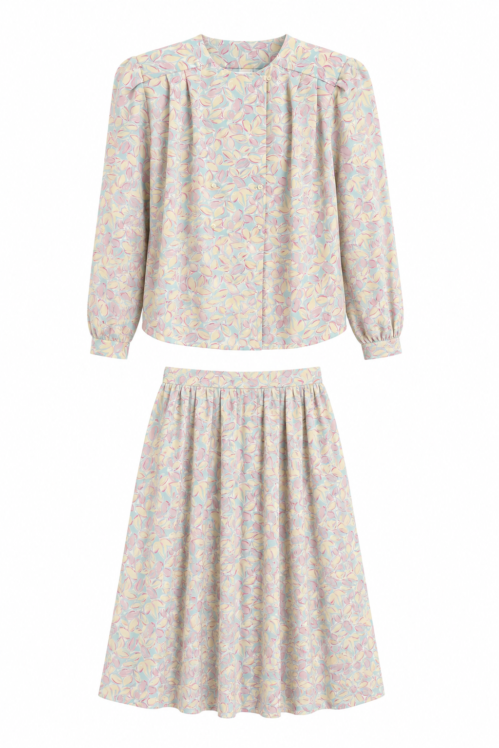 Vintage 1980s Pastel Two-Piece Skirt Set | Made in USA Long Sleeve Blouse & Midi Skirt | Size 6/8 (Medium)