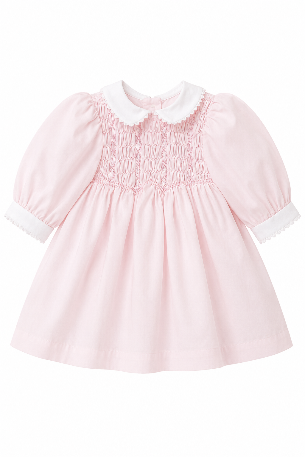 Vintage Nursery Rhyme Baby Girl Pink Smocked Dress | White Peter Pan Collar – Size 9 Months