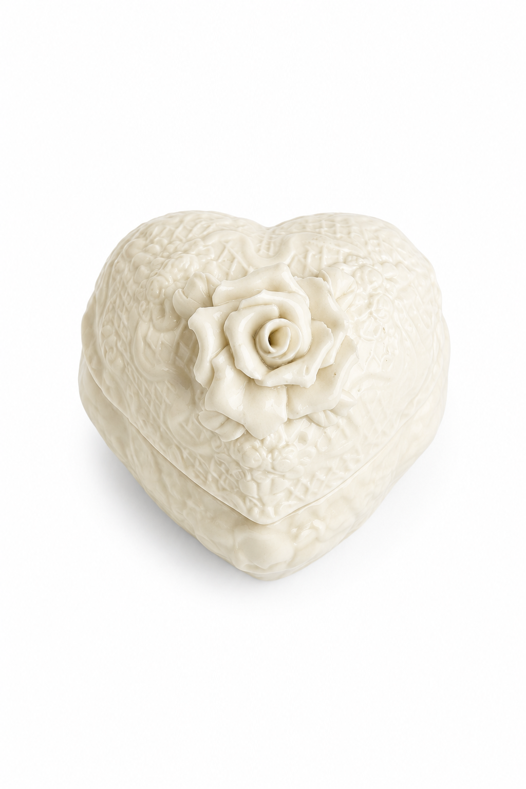 Vintage Ivory Heart Rose Trinket Box | Romantic Floral Keepsake Box