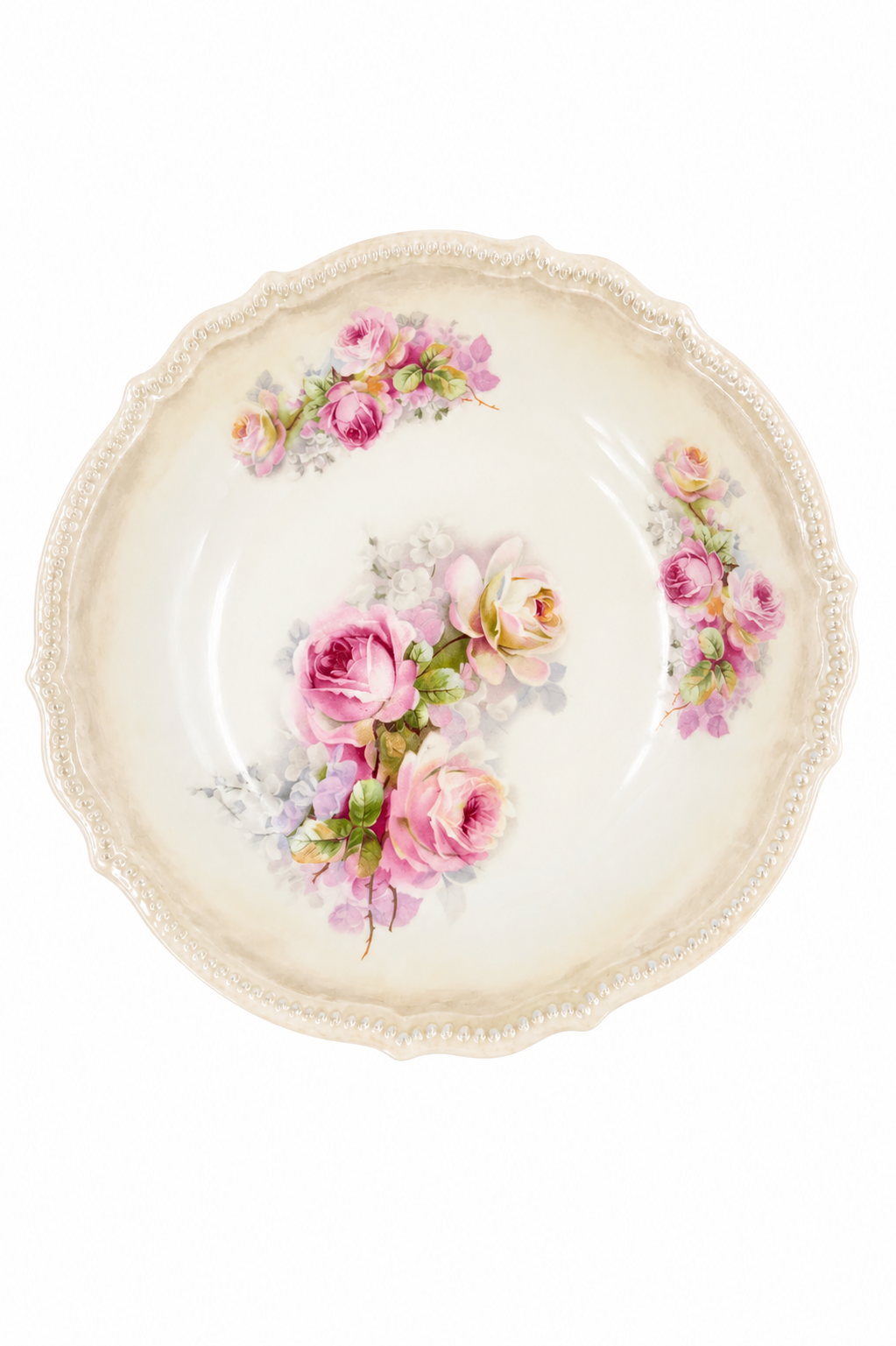 Antique Porcelain Pink Rose Serving Bowl | Iridescent Floral Centerpiece Bowl | Cottagecore & English Garden Decor
