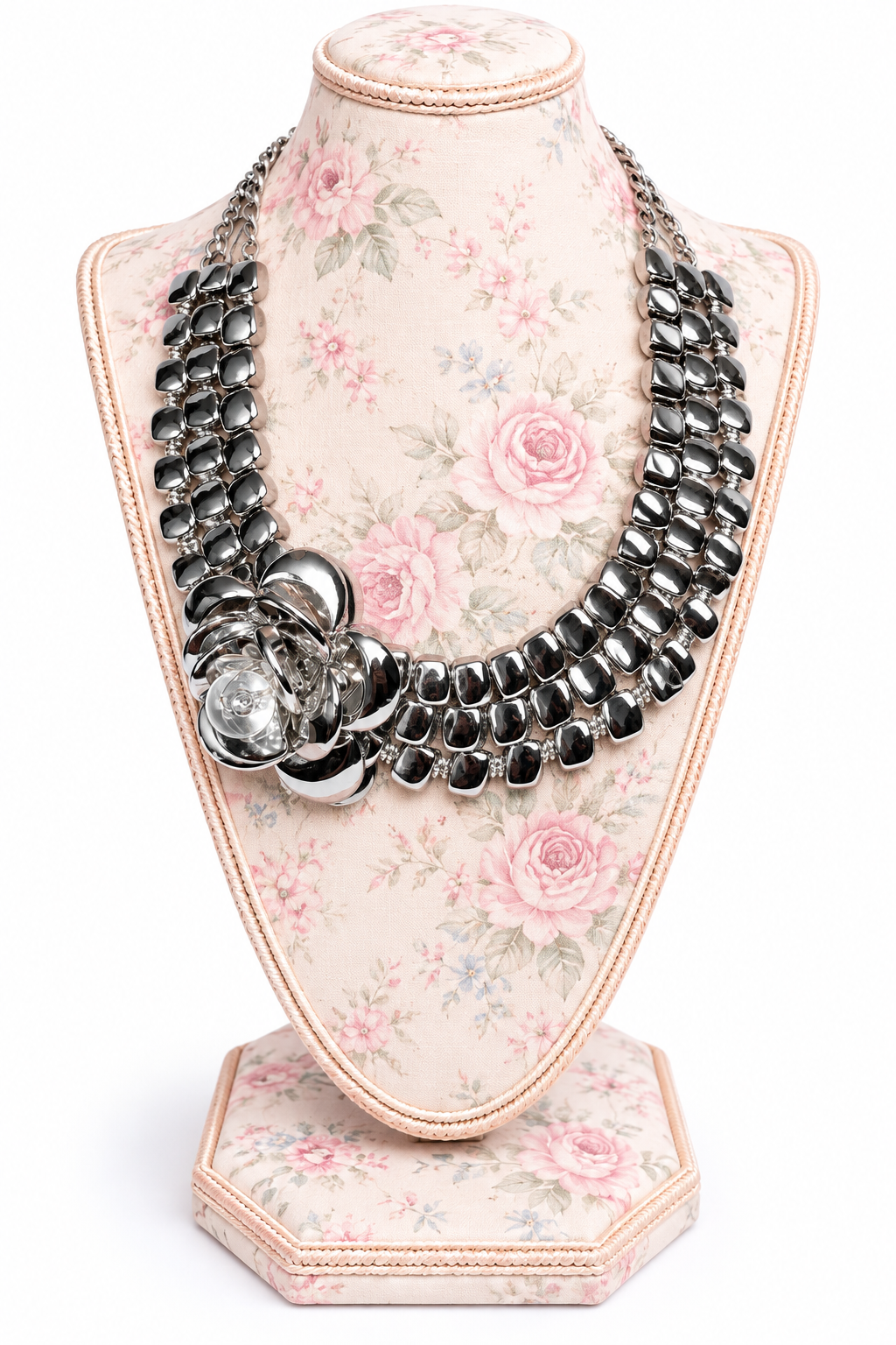 Silver-Tone Multi-Row Floral Statement Bib Choker Necklace