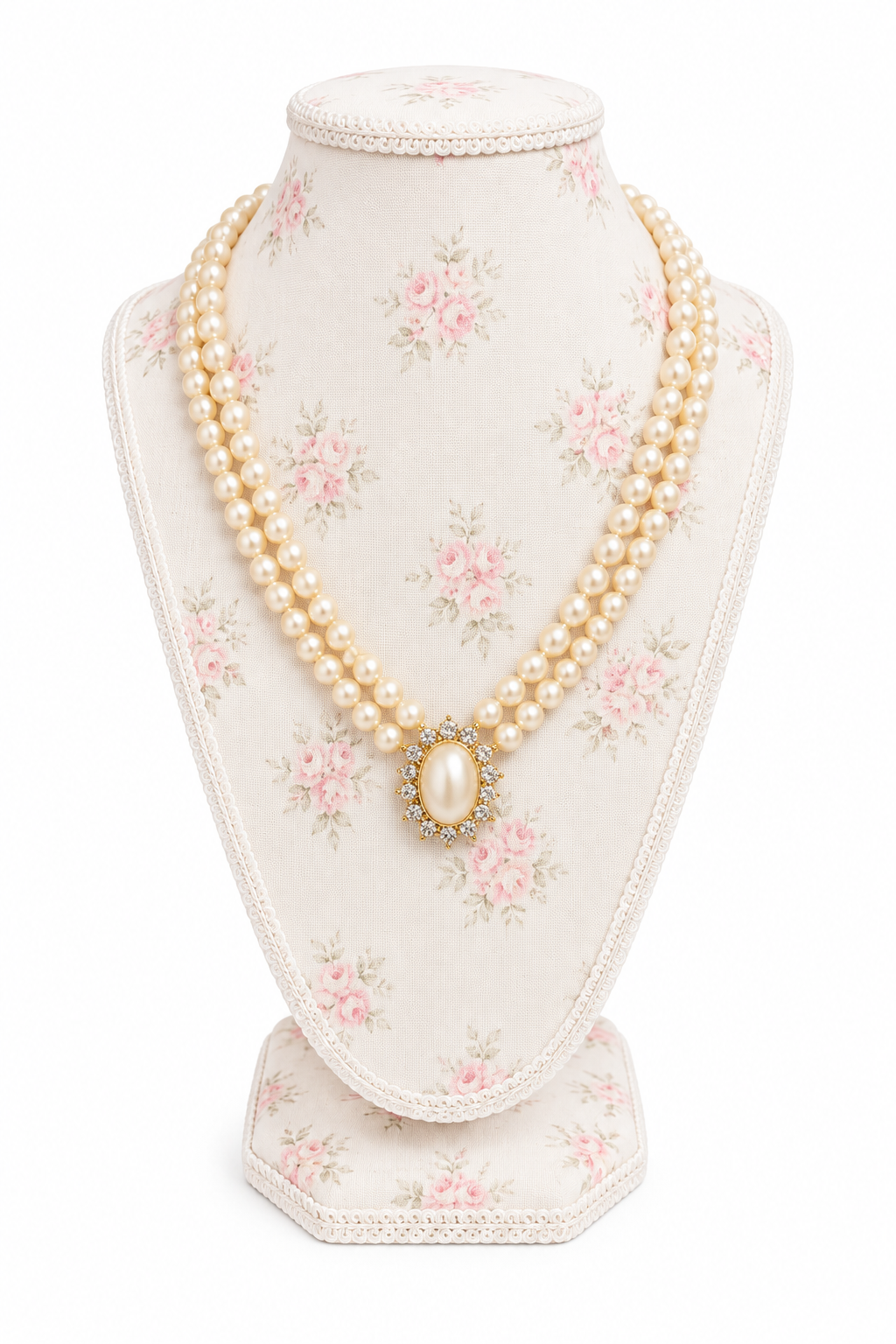 Vintage 1999 Avon Double-Strand Faux Pearl Rhinestone Pendant Necklace