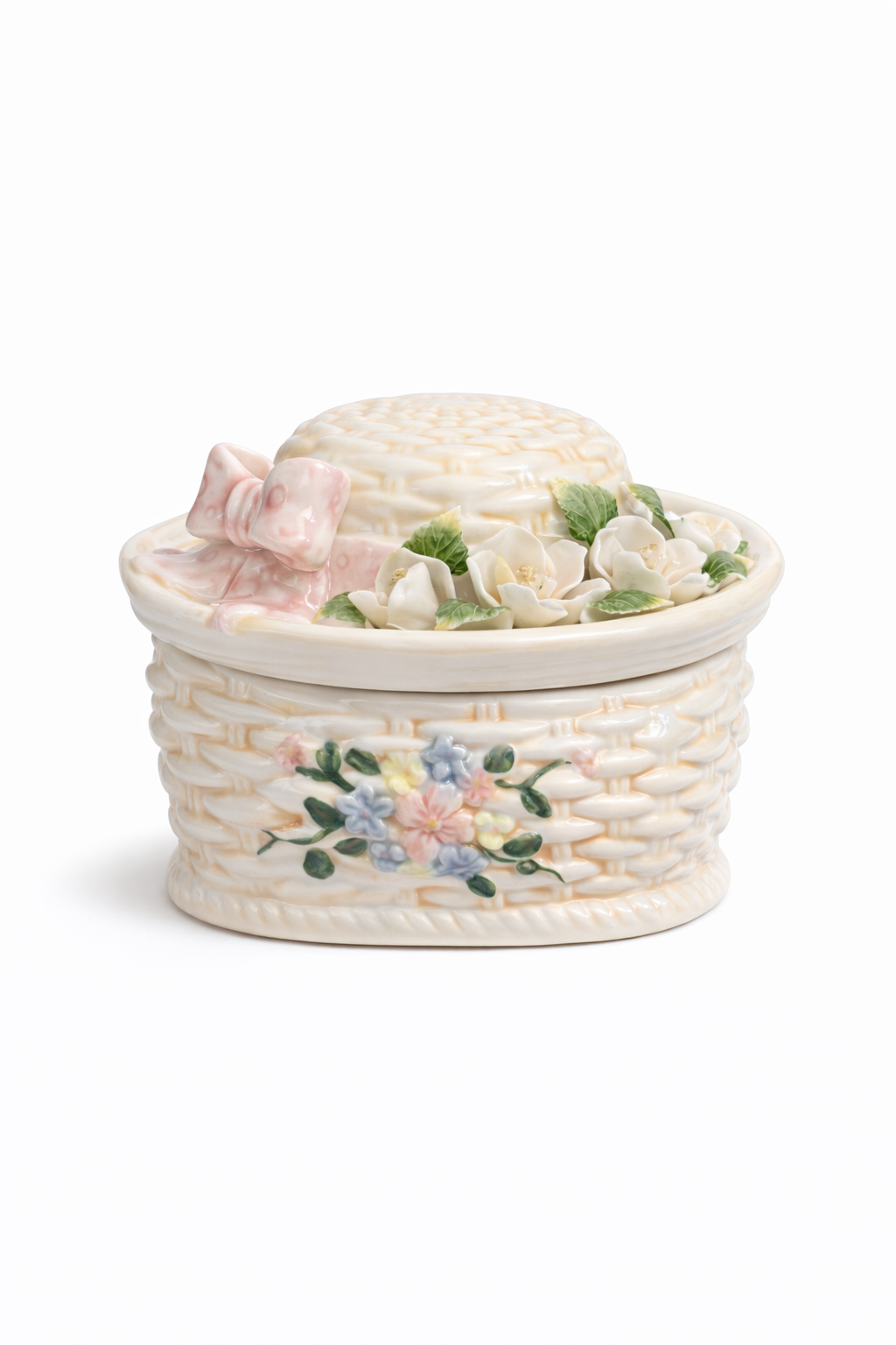 Vintage Floral Hat Trinket Box with Lid | Decorative Porcelain Vanity Box