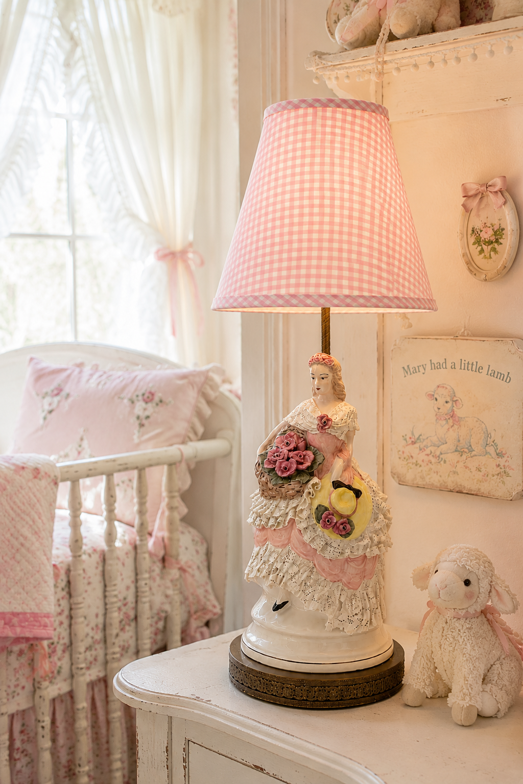 Vintage Italian Victorian Lady Porcelain Table Lamp | Romantic Cottage Lamp with Pink Gingham Shade