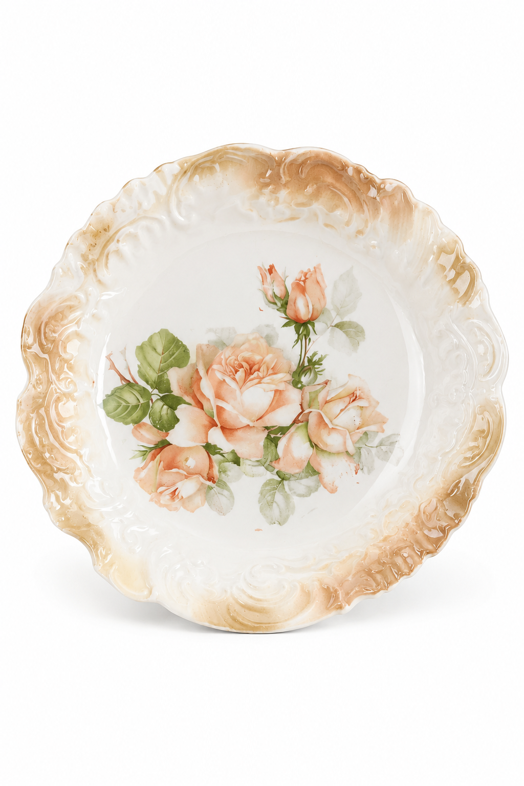 Antique German Victorian Porcelain Serving Bowl | Peach Rose Floral Bowl | Embossed Scalloped Rim | Circa 1900 | 10”