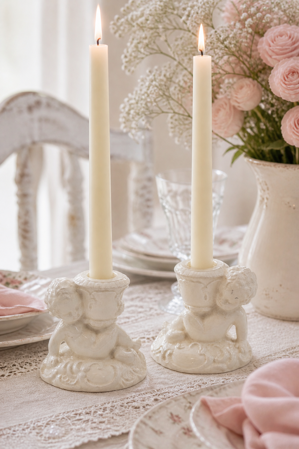 Vintage 1950s German Cherub Candle Holders | Set of 2 Porcelain Angel Candlesticks