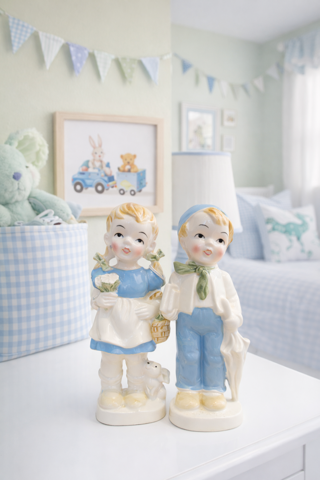 Vintage Blue & White Storybook Children Figurines | Set of 2 Porcelain Boy & Girl Statues