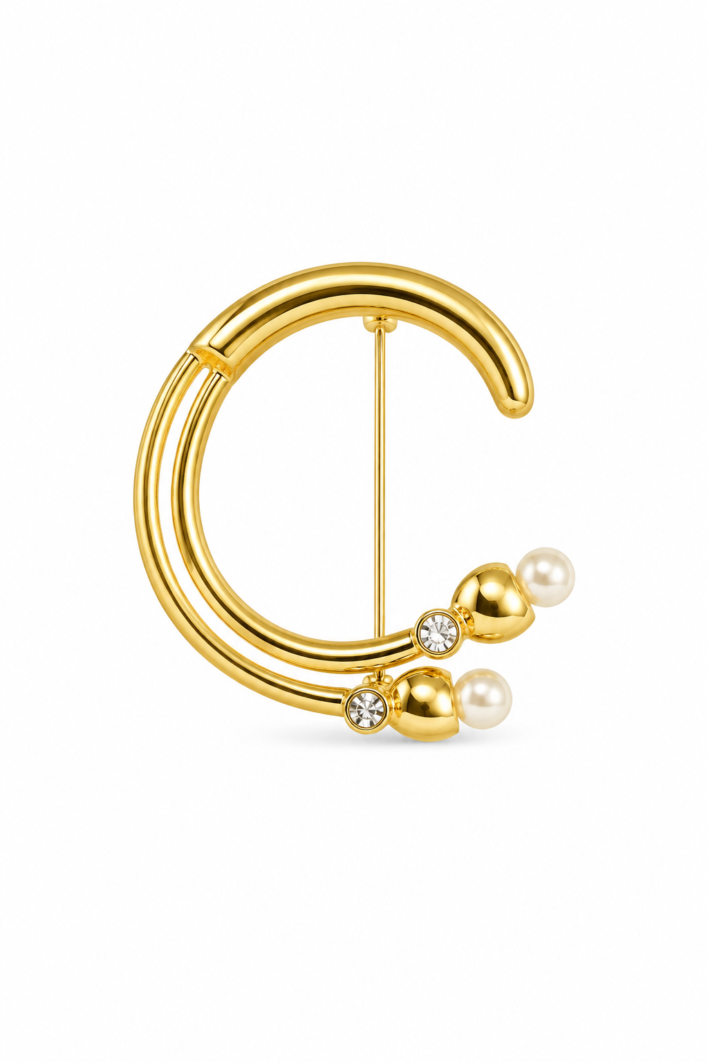 Vintage 1980s Gold Tone Open Circle Swirl Brooch – Faux Pearl & Rhinestone Pin – 1.5”