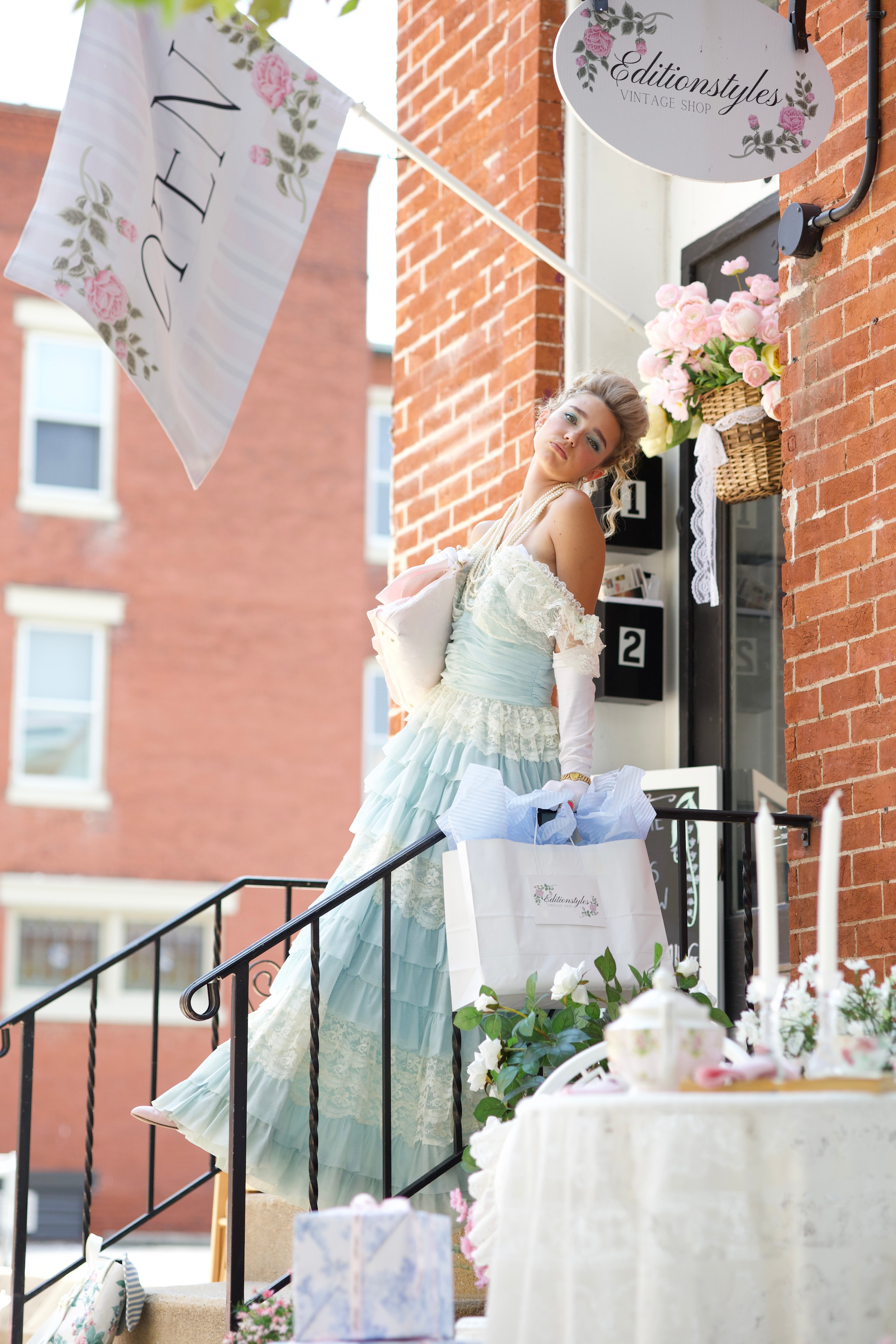 Vintage 1970s Pastel Blue Tiered Ruffle Prairie Maxi Dress Gown with Lace Trim XS/Small