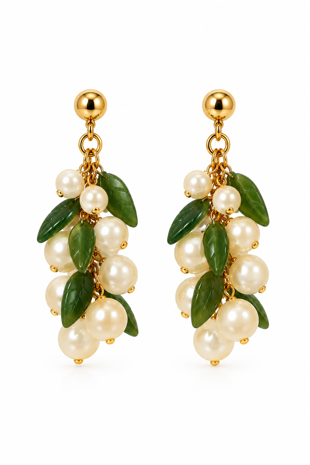 Vintage 1992 Avon Pearlesque Pearl & Green Leaf Grape Cluster Dangle Earrings