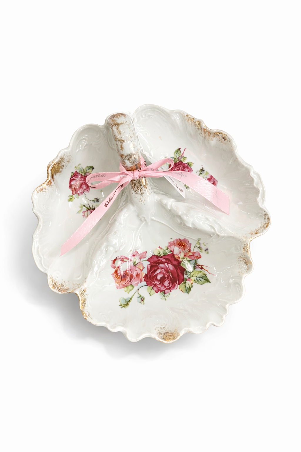 Antique-Inspired Rococo Rose Porcelain Plate with Gold Accents