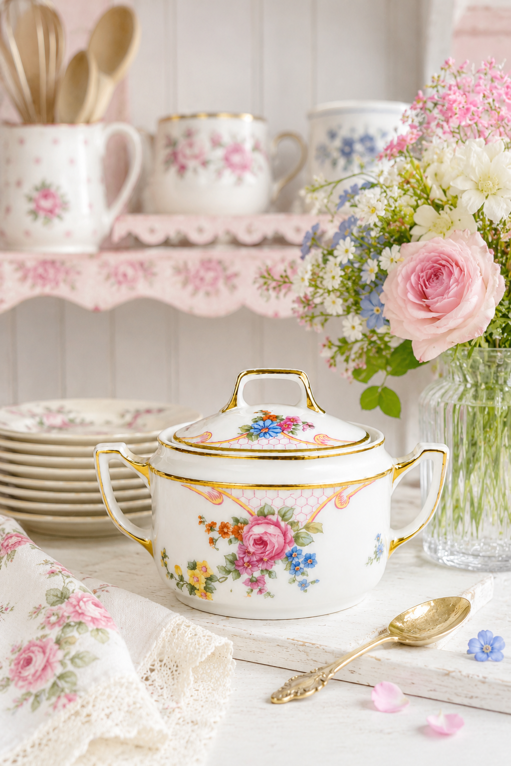 Vintage Porcelain Floral Lidded Sugar Bowl | Marked Czechoslovakia | Cottage Chic Vanity Jar